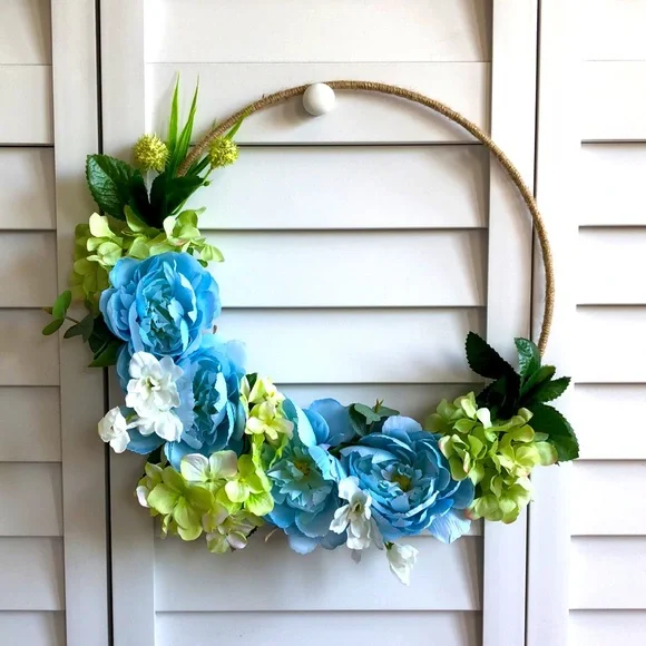 Pastel Greenery Hydrangea Flower Leaf Floral Decor Twine Tweed Hoop Wreath - Picture 1 of 3